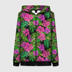 Толстовка на молнии женская Тропические листья и цветы на черном фоне, цвет: 3D-черный