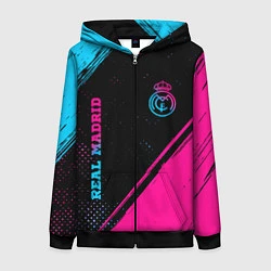 Толстовка на молнии женская Real Madrid - neon gradient: символ и надпись верт, цвет: 3D-черный