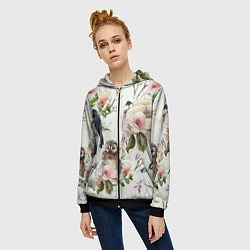 Толстовка на молнии женская Цветы Нарисованные Магнолии и Птицы, цвет: 3D-черный — фото 2