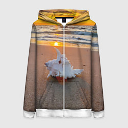 Толстовка на молнии женская Ракушка на песочном берегу тихого океана, цвет: 3D-белый