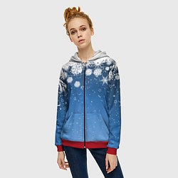 Толстовка на молнии женская Снежный узор на синем фоне, цвет: 3D-красный — фото 2