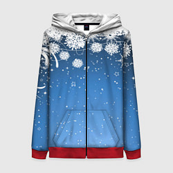 Толстовка на молнии женская Снежный узор на синем фоне, цвет: 3D-красный