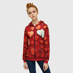Толстовка на молнии женская Красные сердца на красном фоне, цвет: 3D-красный — фото 2