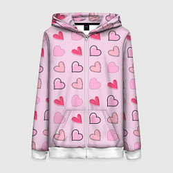 Толстовка на молнии женская Валентинки на нежно-розовом фоне, цвет: 3D-белый