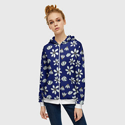 Толстовка на молнии женская Дудл ромашки на синем фоне - паттерн, цвет: 3D-белый — фото 2