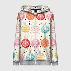 Толстовка на молнии женская Разноцветные новогодние шары, цвет: 3D-меланж