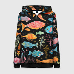 Толстовка на молнии женская Фолк-арт рыбовы, цвет: 3D-черный
