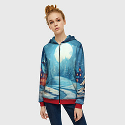 Толстовка на молнии женская Новогодний пейзаж природа, цвет: 3D-красный — фото 2