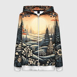 Толстовка на молнии женская Зимний предновогодний пейзаж, цвет: 3D-белый