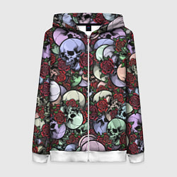 Толстовка на молнии женская Череп с розами паттерн, цвет: 3D-белый
