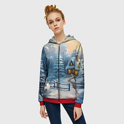 Толстовка на молнии женская Новый год и снеговик, цвет: 3D-красный — фото 2