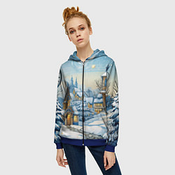 Толстовка на молнии женская Новогодний город иллюстрация, цвет: 3D-синий — фото 2