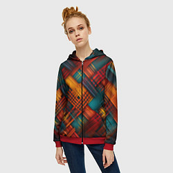 Толстовка на молнии женская Разноцветная клетка в шотландском стиле, цвет: 3D-красный — фото 2