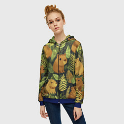 Толстовка на молнии женская Капибары - лесной маскировочный камуфляж, цвет: 3D-синий — фото 2