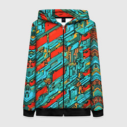 Толстовка на молнии женская Голубые фрагменты на красном фоне, цвет: 3D-черный