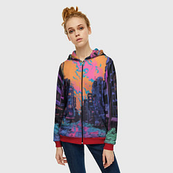 Толстовка на молнии женская Киберпанк город в стиле комиксов, цвет: 3D-красный — фото 2