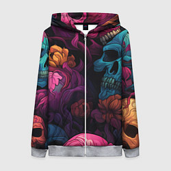 Женская толстовка на молнии Яркие цветы с черепами