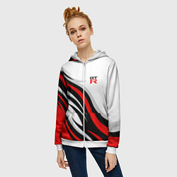 Толстовка на молнии женская Nissan GTR - красные языки пламени, цвет: 3D-белый — фото 2