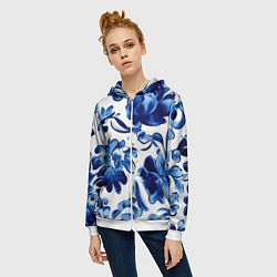 Толстовка на молнии женская Гжель акварель, цвет: 3D-белый — фото 2