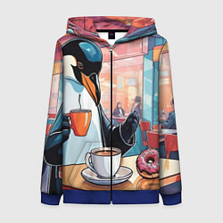 Толстовка на молнии женская Пингвин угощает в кафе, цвет: 3D-синий