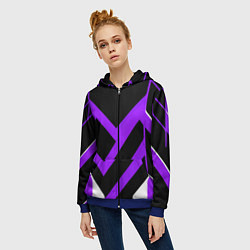 Толстовка на молнии женская Фиолетово-белые полосы на чёрном фоне, цвет: 3D-синий — фото 2