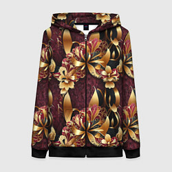 Толстовка на молнии женская Золотые лилии на красном бархатном фоне, цвет: 3D-черный
