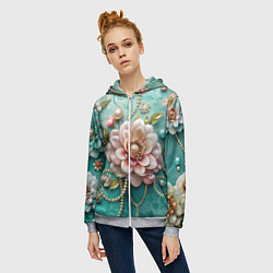 Толстовка на молнии женская Объемные цветы и жемчуг, цвет: 3D-меланж — фото 2