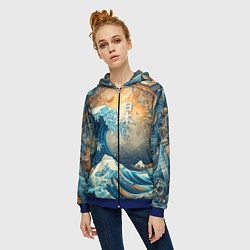 Толстовка на молнии женская Коллаж с Японской волной - нейросеть, цвет: 3D-синий — фото 2