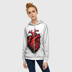 Толстовка на молнии женская Черно-красное сердце настоящее, цвет: 3D-белый — фото 2