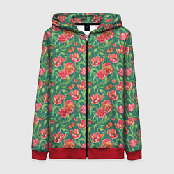 Толстовка на молнии женская Тюлпаны с бабочками, цвет: 3D-красный