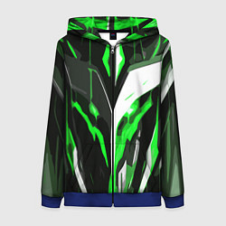 Толстовка на молнии женская Зелёно-белая абстракция и чёрный фон, цвет: 3D-синий