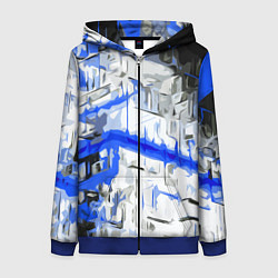Толстовка на молнии женская Сине-белая абстракция на чёрном фоне, цвет: 3D-синий