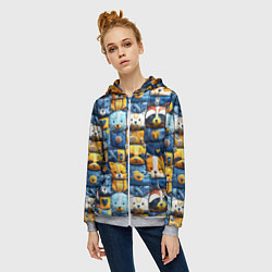 Толстовка на молнии женская Пэчворк с мордашками енотов, цвет: 3D-меланж — фото 2