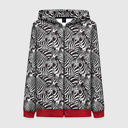 Толстовка на молнии женская Абстрактный черно-белый узор с зеброй, цвет: 3D-красный