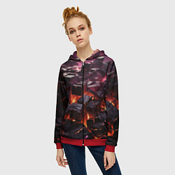 Толстовка на молнии женская Черные абстрактные квадратные камни в лаве, цвет: 3D-красный — фото 2