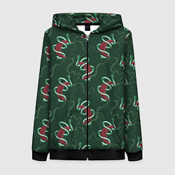 Толстовка на молнии женская Зеленая змея символ 2025 года на красной луне, цвет: 3D-черный