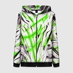Толстовка на молнии женская Чёрно-зелёная агрессивная абстракция на белом фоне, цвет: 3D-черный