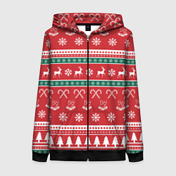 Толстовка на молнии женская Новогодний паттерн с оленями снежинками леденцами, цвет: 3D-черный