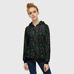 Толстовка на молнии женская Неоновый саксофон и музыкальные ноты, цвет: 3D-черный — фото 2