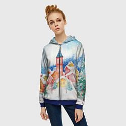 Толстовка на молнии женская Новогодний сказочный город, цвет: 3D-синий — фото 2