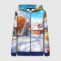Толстовка на молнии женская Новогодний пейзаж и домики, цвет: 3D-синий