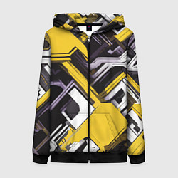 Женская толстовка на молнии Бело-жёлтый техно паттерн на чёрном фоне