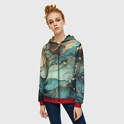 Толстовка на молнии женская Бирюзовый узор с оранжевыми вставками, цвет: 3D-красный — фото 2