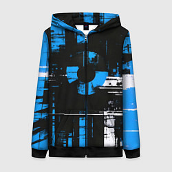 Толстовка на молнии женская Сине-белый гранж на чёрном фоне, цвет: 3D-черный