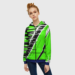 Толстовка на молнии женская Чёрно-белые глитч полосы на зелёном фоне, цвет: 3D-синий — фото 2