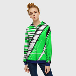 Толстовка на молнии женская Чёрно-белые глитч полосы на зелёном фоне, цвет: 3D-синий — фото 2