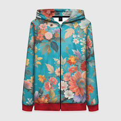 Толстовка на молнии женская Цветочки на голубом фоне, цвет: 3D-красный