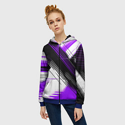 Толстовка на молнии женская Диагональные фиолетово-чёрные линии на белом фоне, цвет: 3D-синий — фото 2