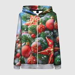 Женская толстовка на молнии Красные шары и звезда новогодняя