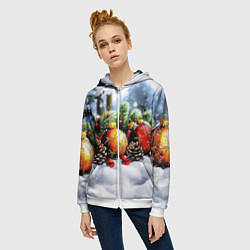 Толстовка на молнии женская Красные и желтый новогодние шары, цвет: 3D-белый — фото 2